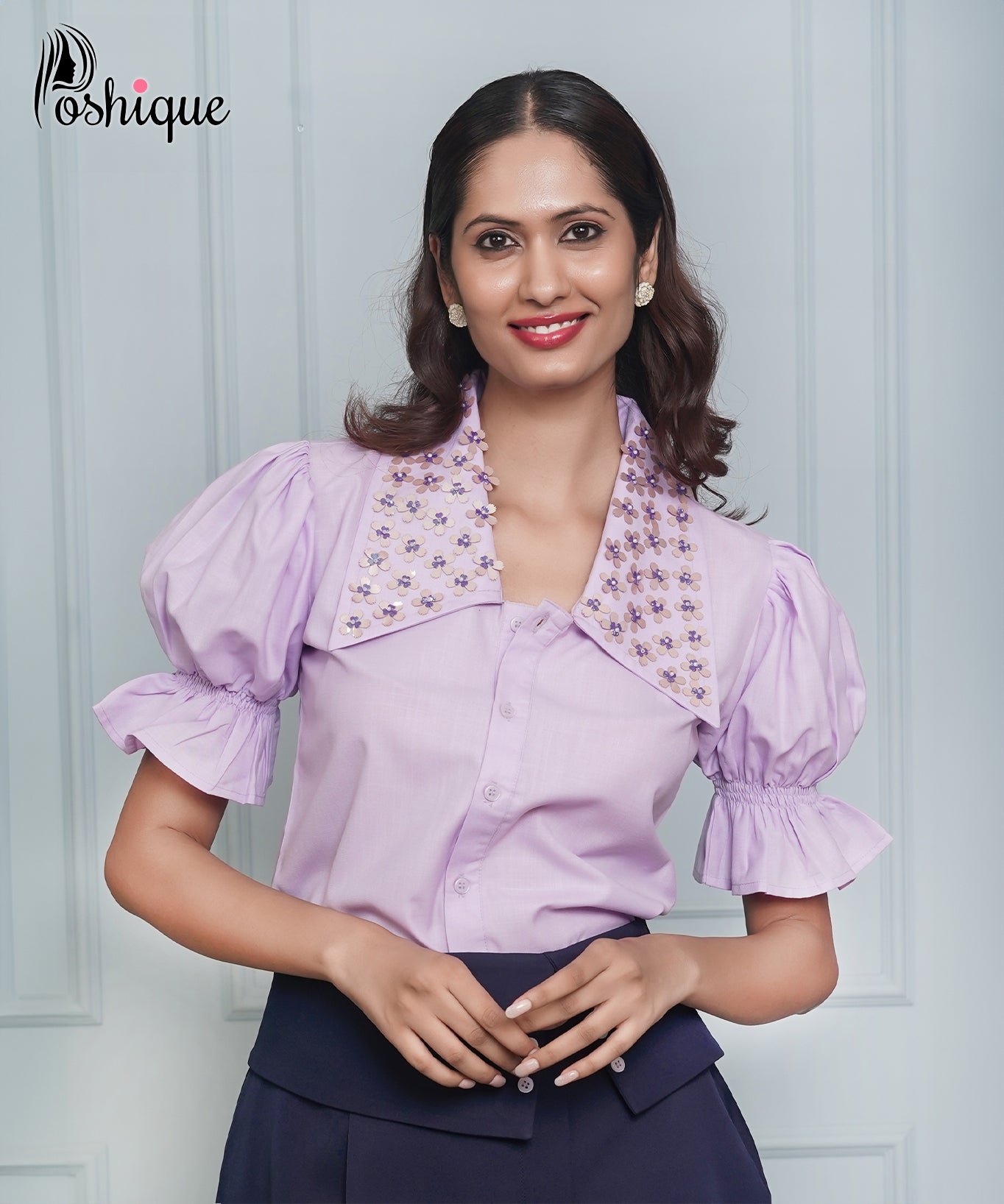 Poshique Lilac Embellished Collar Puff Sleeve Shirt