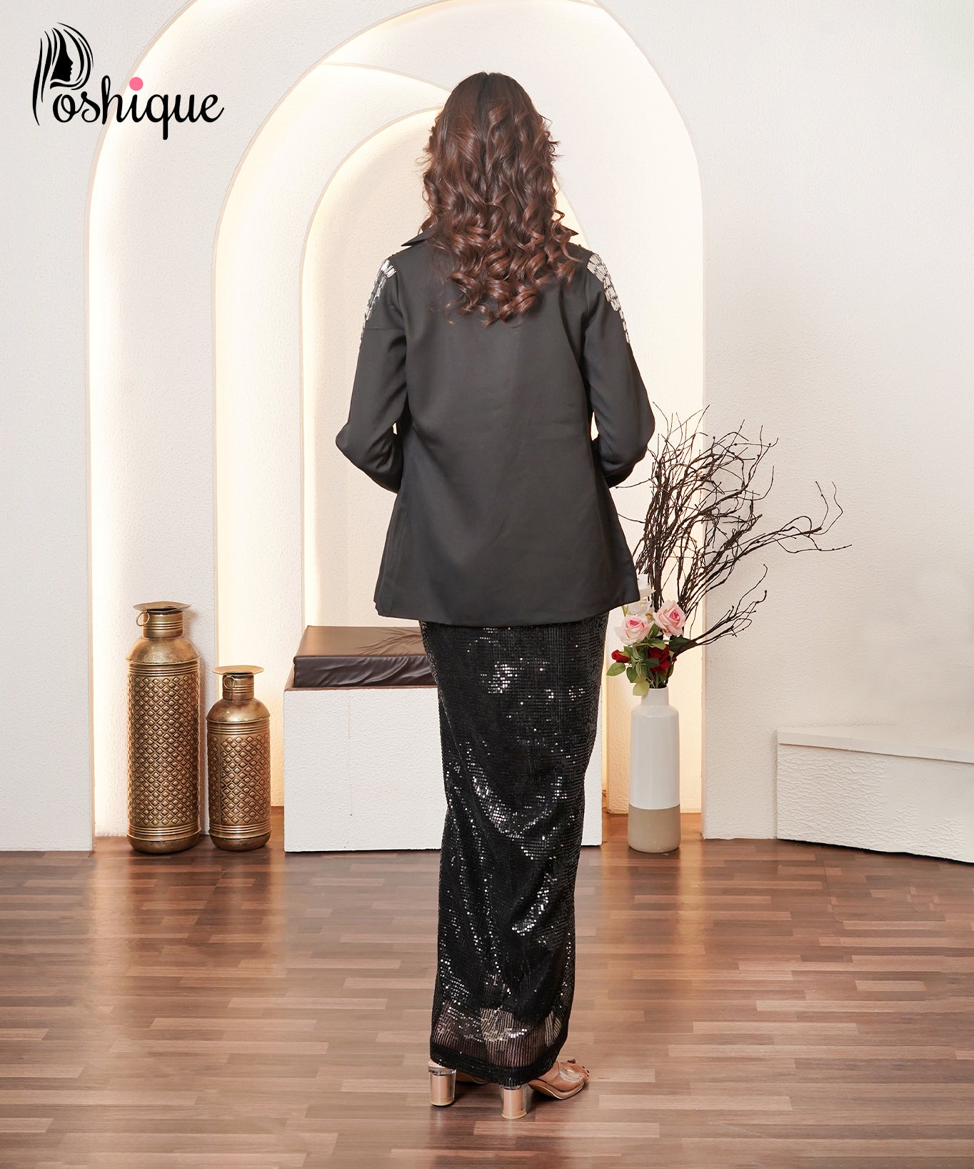 Black Sequin Draped Skirt