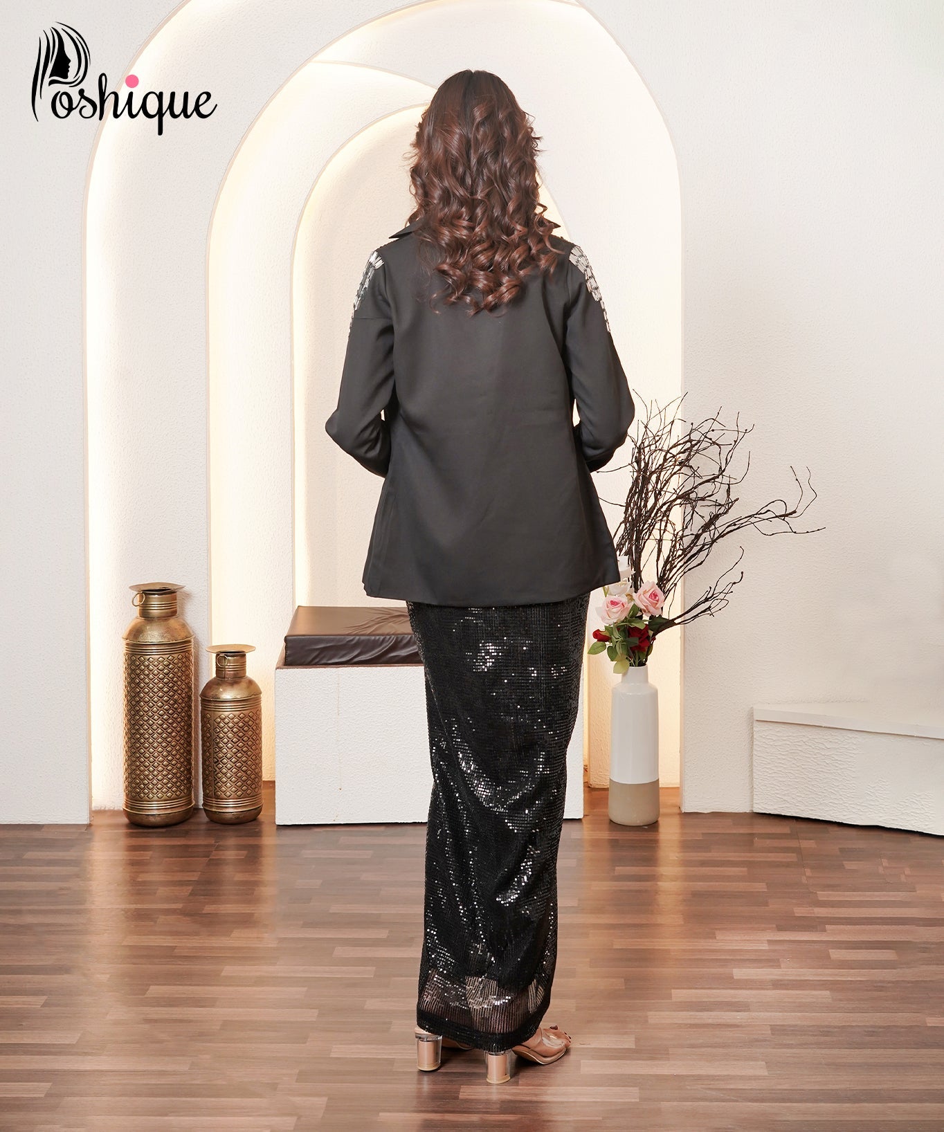 Black Embellished Blazer, Sequin Draped Skirt Set