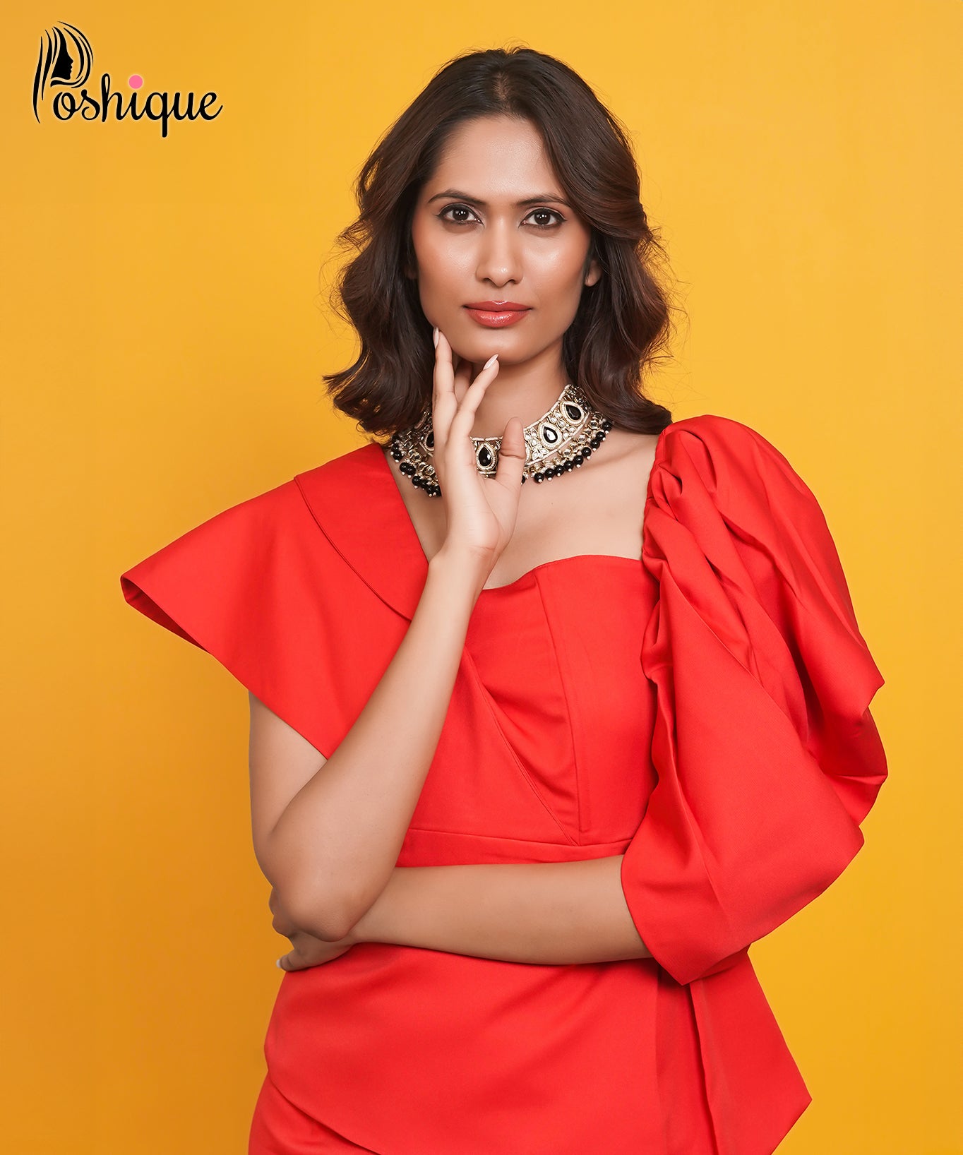 Poshique Asymmetrical Draped Top & Red Straight-Leg Trouser Set