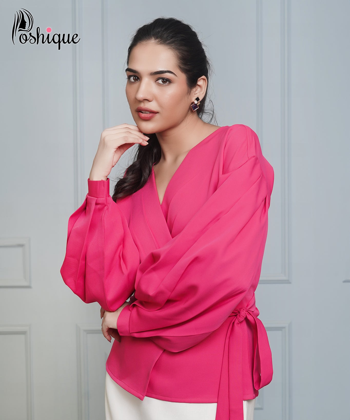 Poshique Fuchsia Wrap Belted Balloon Sleeve Top