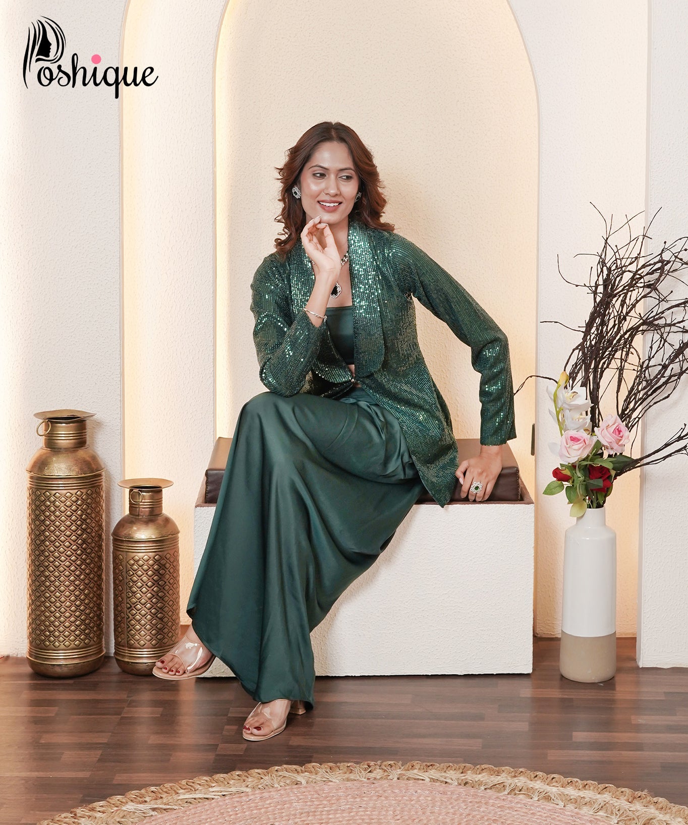 Emerald Green Sequin Blazer, Bralette & Draped Skirt Set