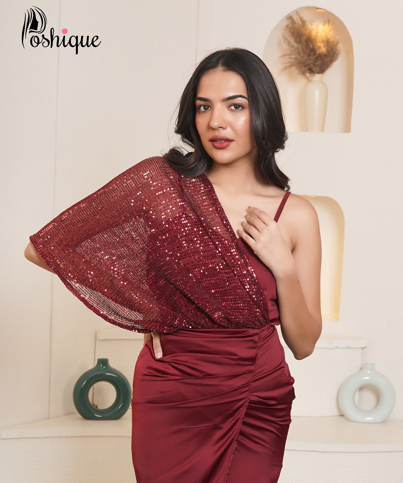 Poshique Wine Red Sequined Drape Gown