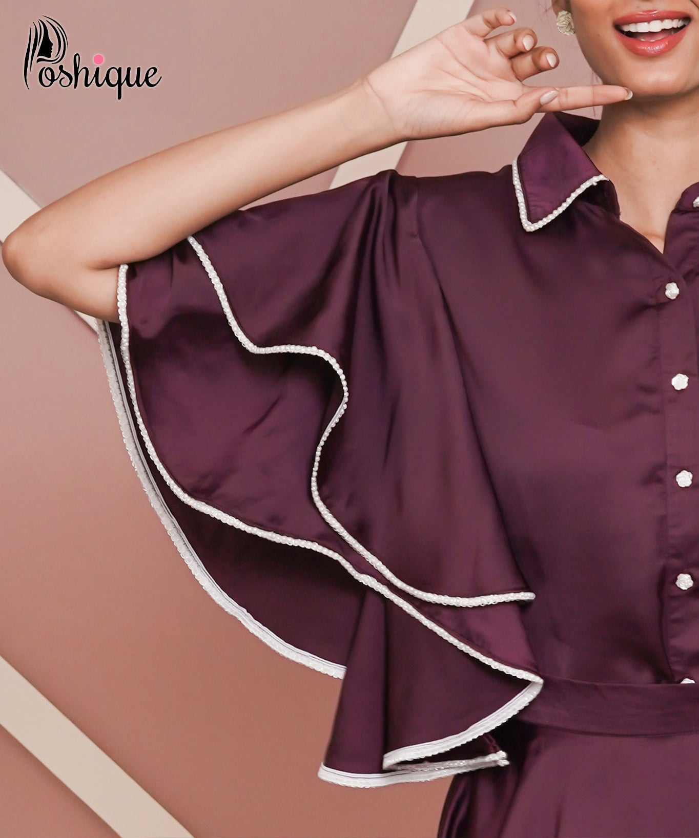 Poshique Wine Satin Layered Ruffle Skirt