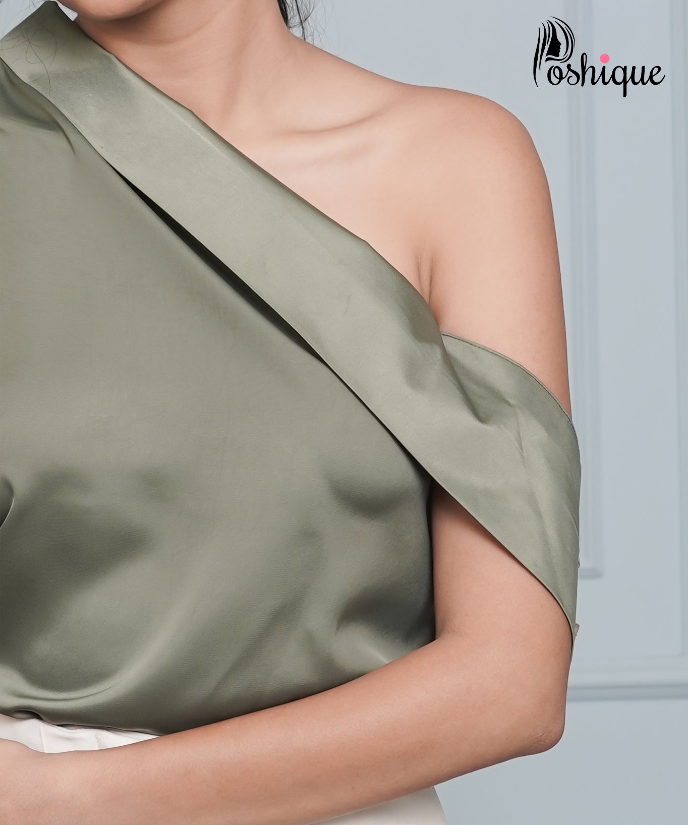 Poshique Sage Green Satin One-Shoulder Top