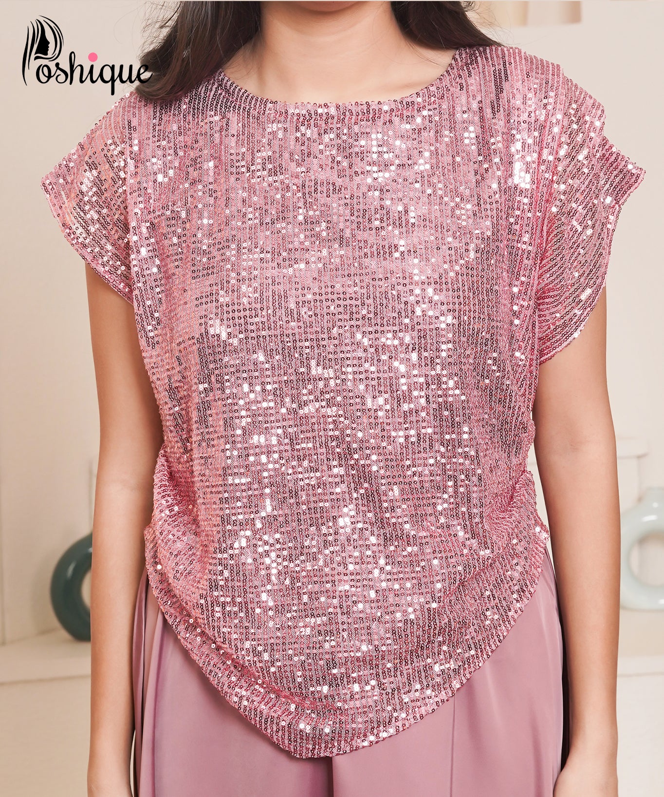 Poshique Rose Sequin Top and Satin Flare Skirt Set