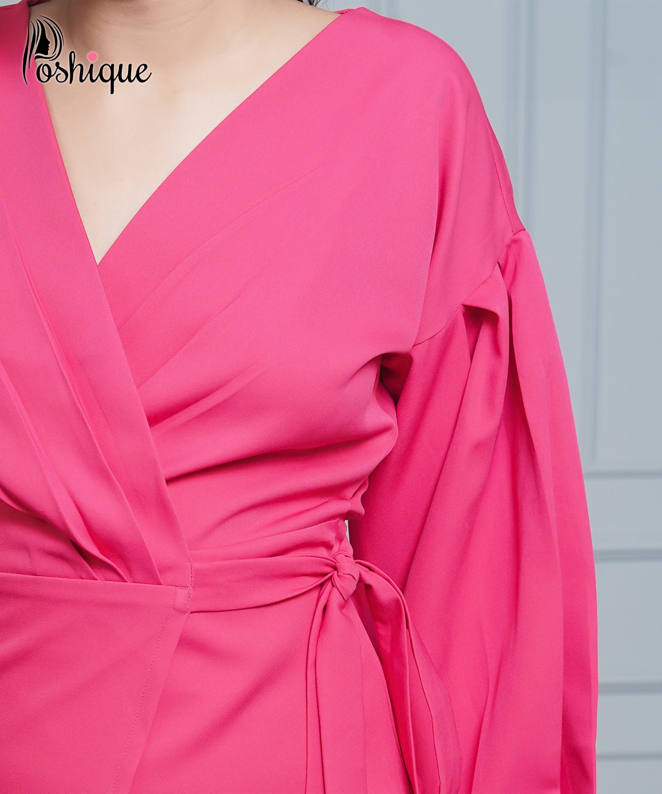 Poshique Fuchsia Wrap Belted Balloon Sleeve Top