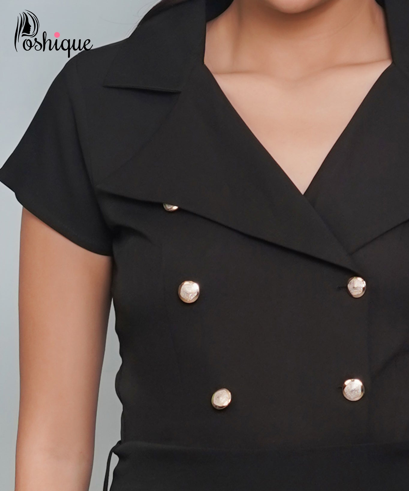 Poshique Black Double-Breasted Pleated Jumpsuit