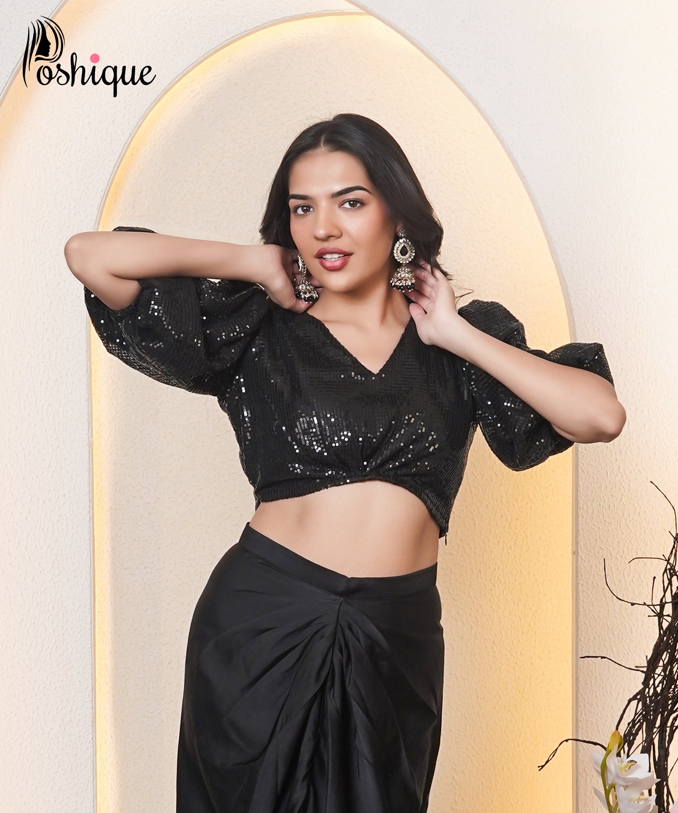 Black Sequin Puff Sleeve Top & Draped Skirt Set