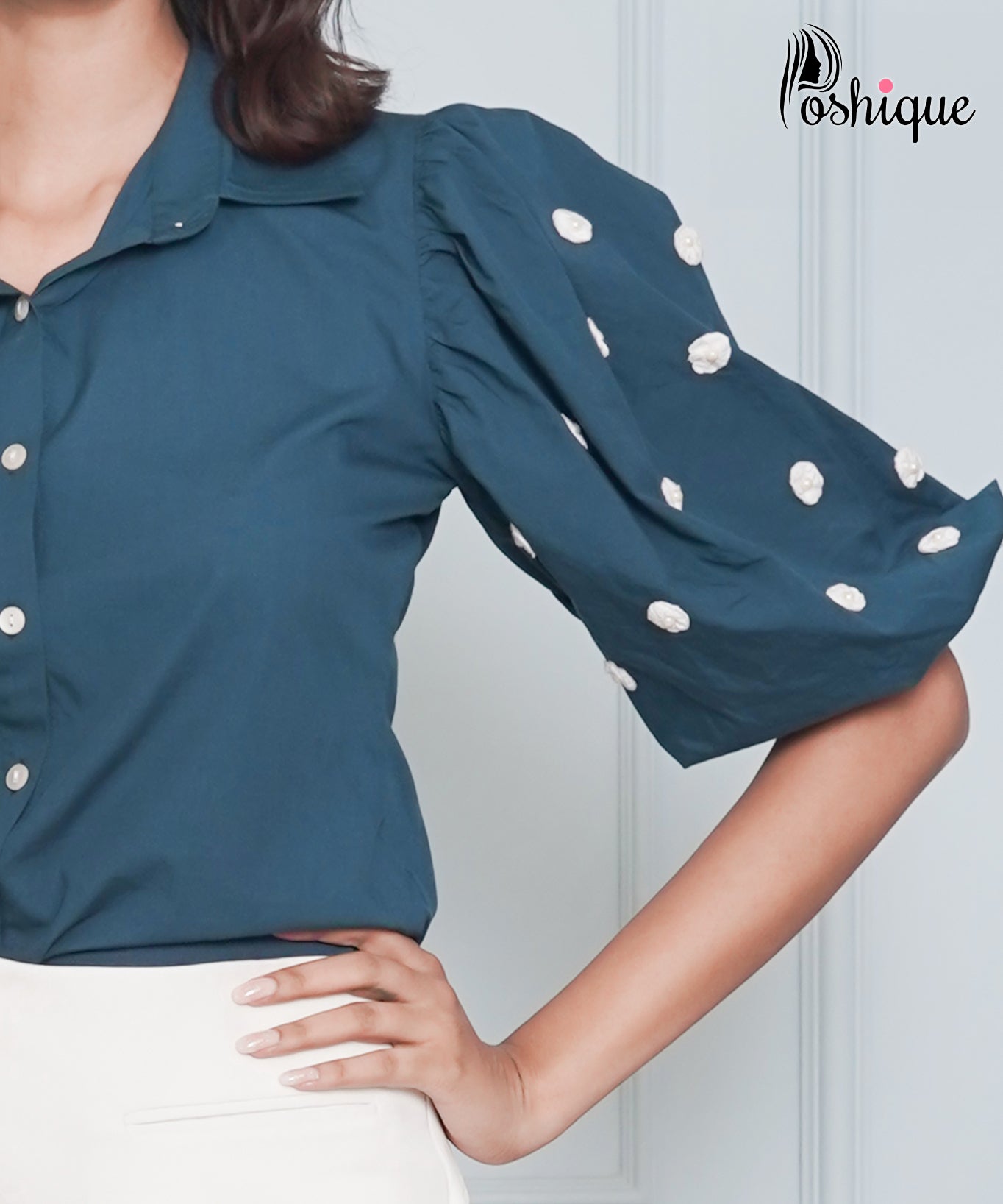 Poshique Deep Teal Pearl-Embellished Blouse & White Wrap Skort Set