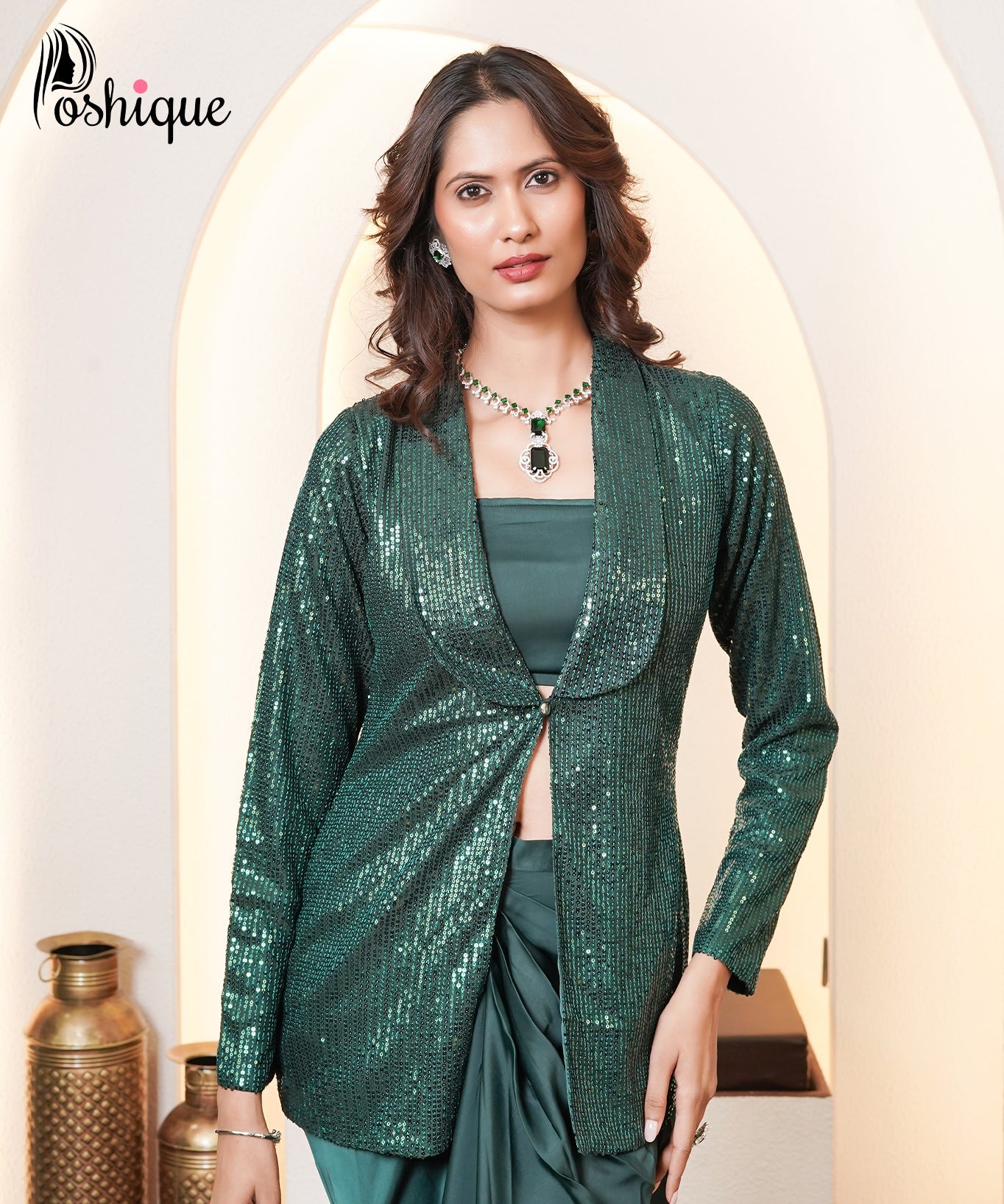 Emerald Green Sequin Blazer, Bralette & Draped Skirt Set