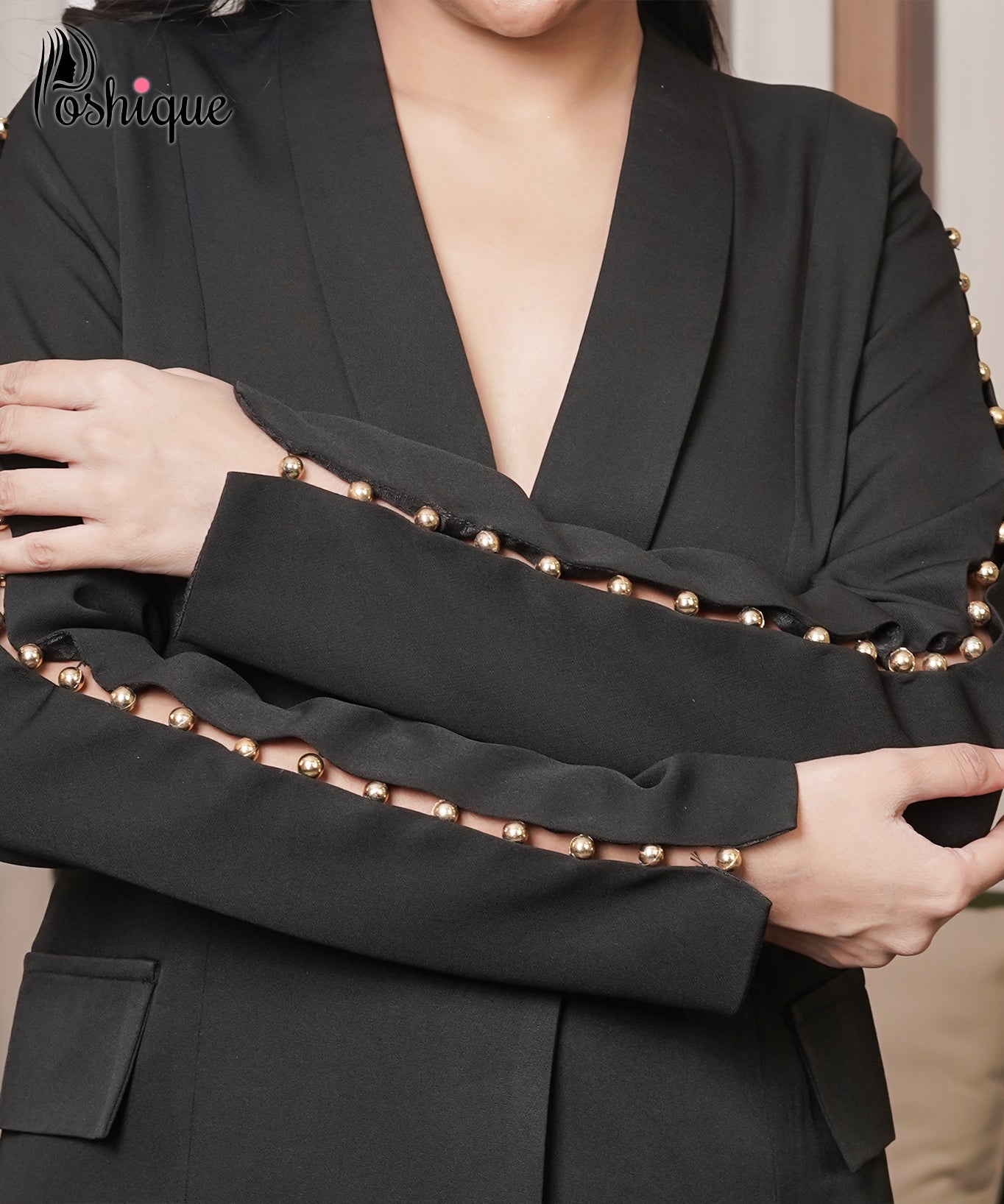 Black Studded Sleeve Blazer Top