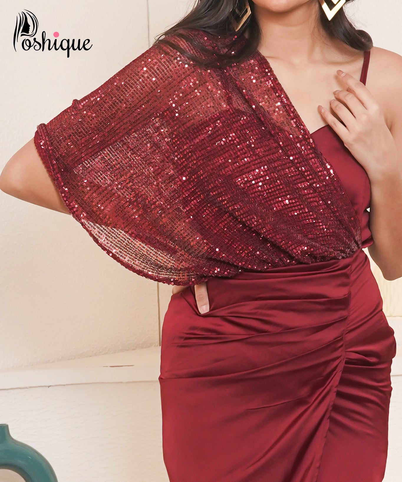 Poshique Wine Red Sequined Drape Gown