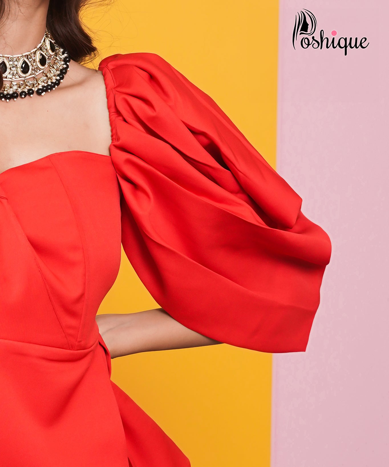 Poshique Asymmetrical Draped Top & Red Straight-Leg Trouser Set