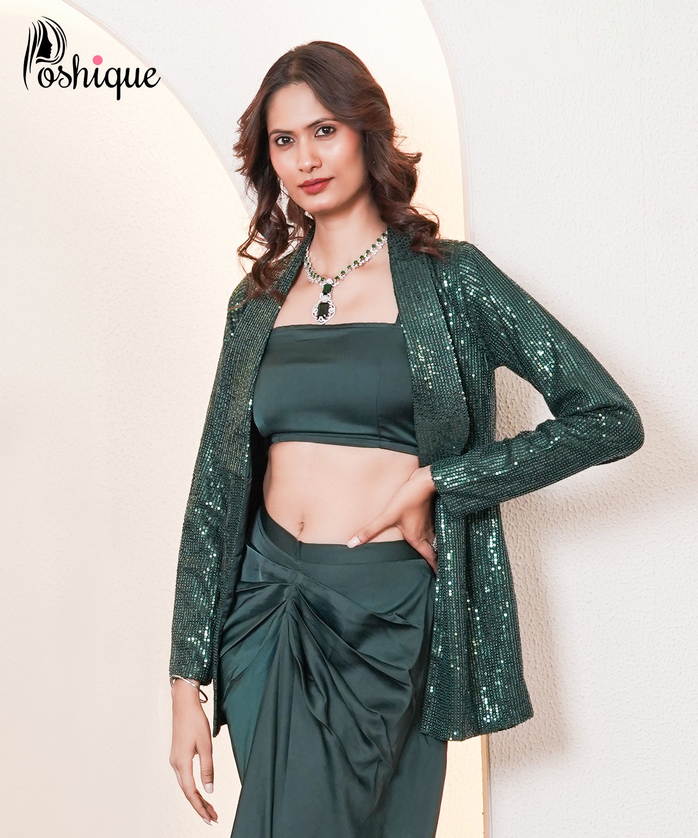 Emerald Green Draped Satin Skirt