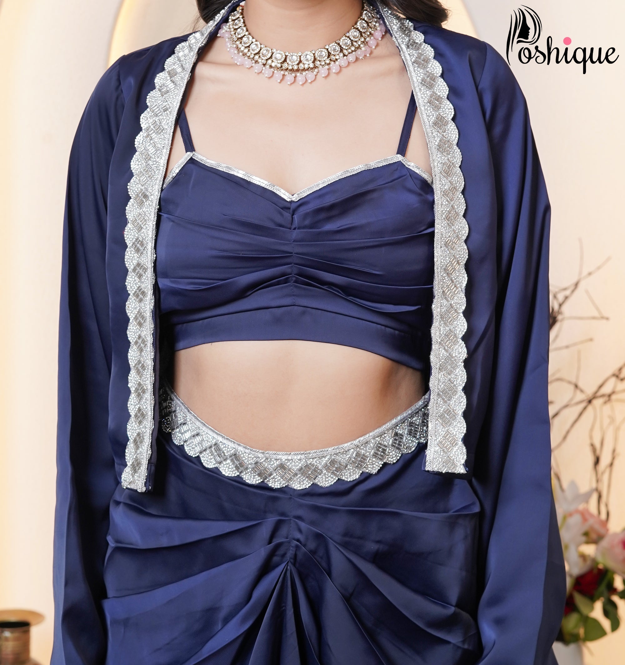 Midnight Blue Embellished Blazer & Draped Skirt Set