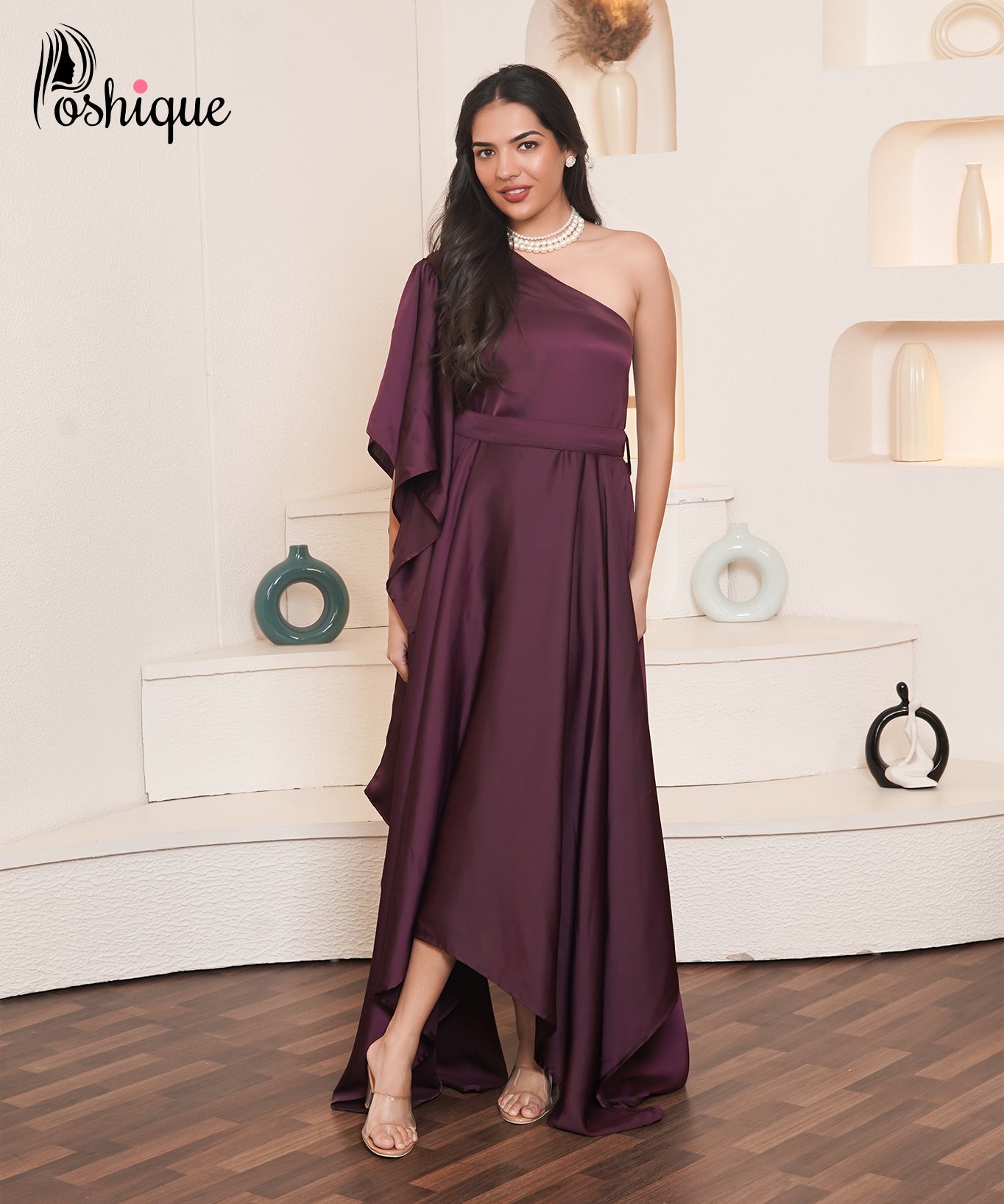 Poshique Plum One-Shoulder Asymmetrical Gown Poshique Plum One-Shoulder Asymmetrical Gown