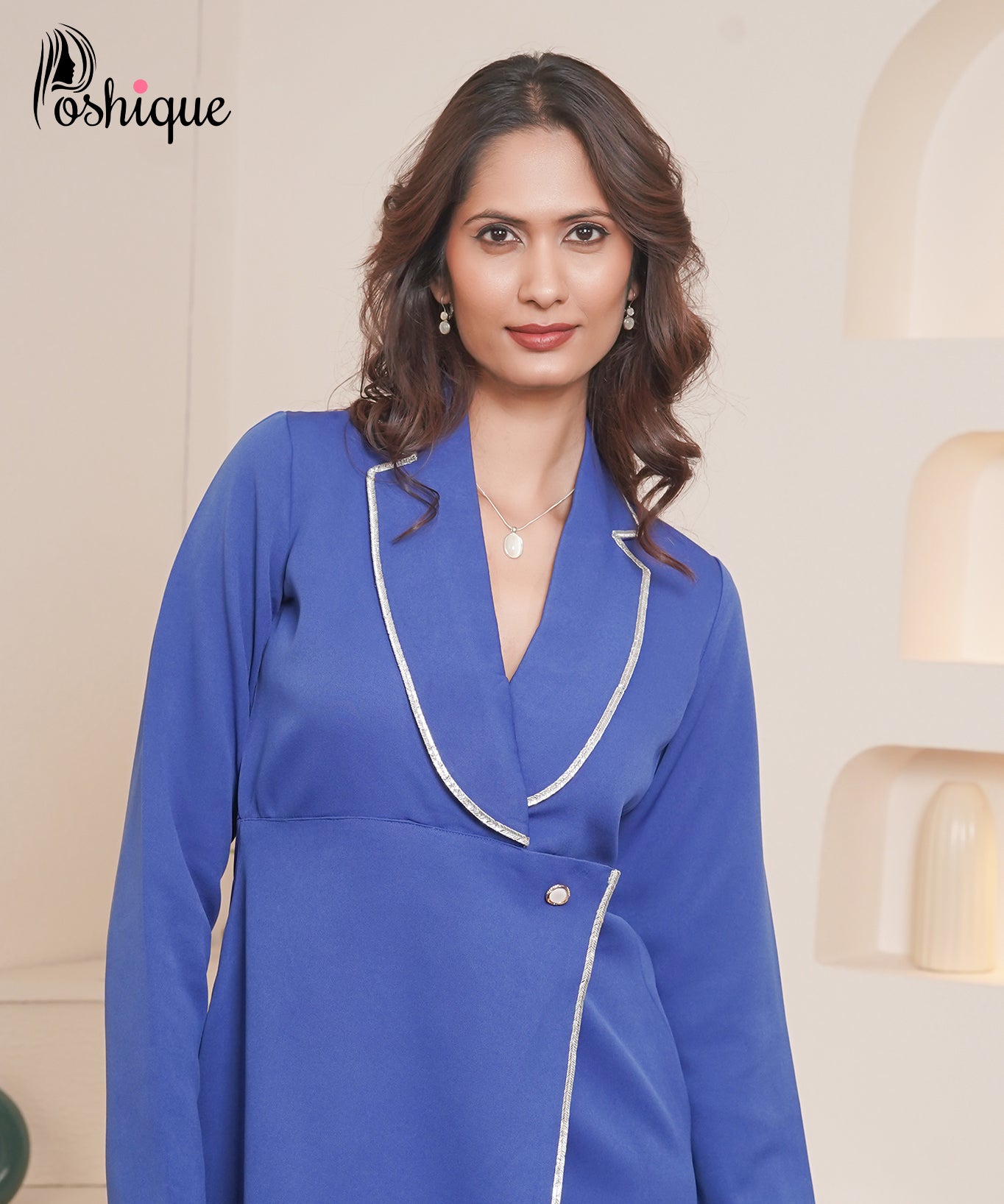 royal blue blazer dress Poshique Royal Blue Blazer Dress with Silver Lace Detailing